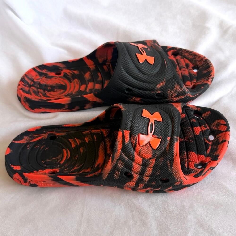 Under Armour Men's Red and Black Tie dye Marbled Slides Size 8
